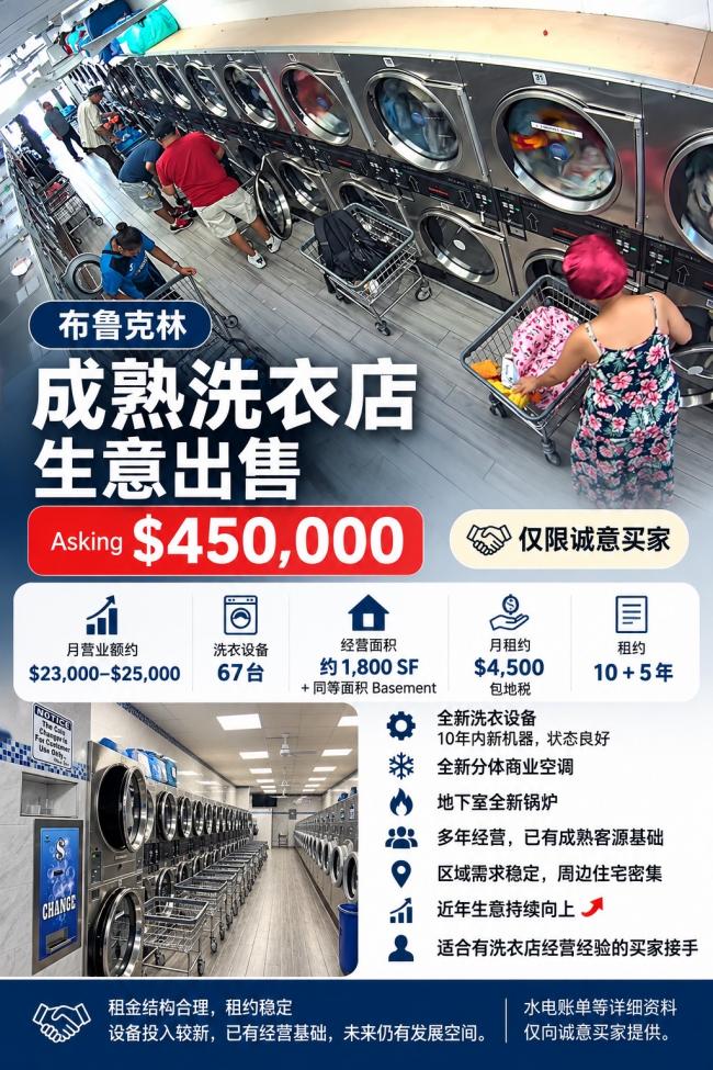 布鲁克林｜成熟洗衣店生意出售