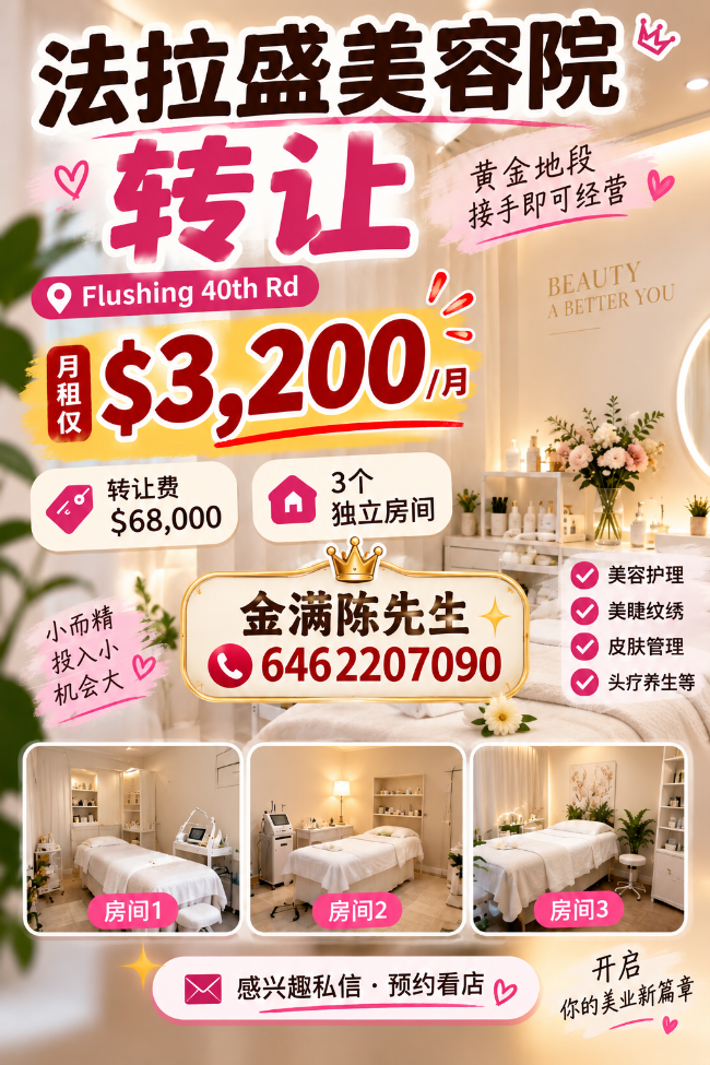 法拉盛中心美容店转让 Call 6462207090