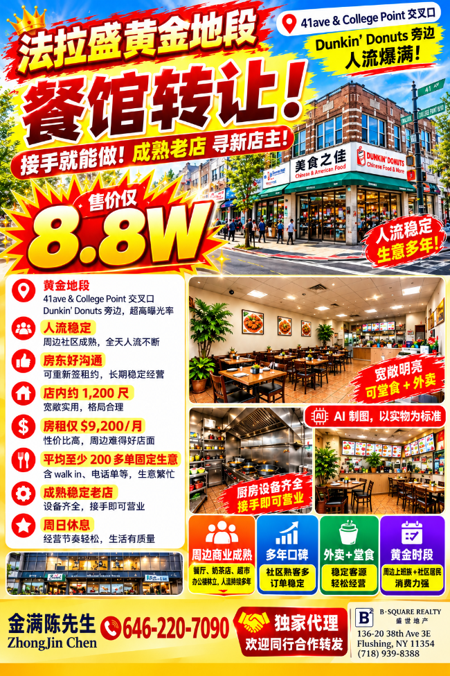 法拉盛餐馆出售#6462207090